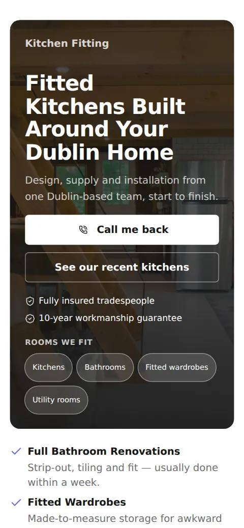 Mobile homepage of an example kitchen-fitting business site