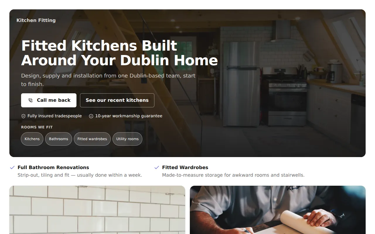Homepage of an example kitchen-fitting business site built on our platform