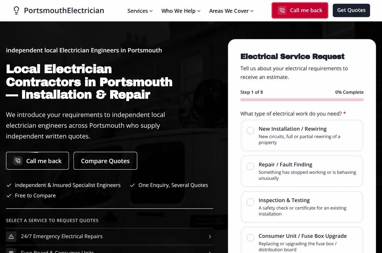 Homepage of portsmouth-electrician.co.uk with an electrical service request form